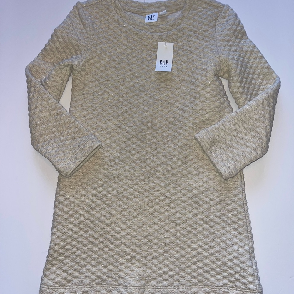 GAP Kids Girls XS 4-5 Quilted Textured Cream Gold Long Sleeve Dress NWTS